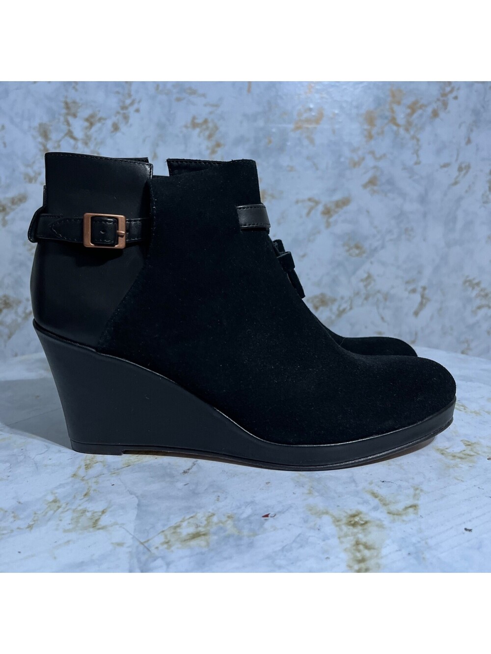 Samantha Pleet Women's Sz 9 Shoes Black Suede Leather Tassel Wedge Fashion Boots